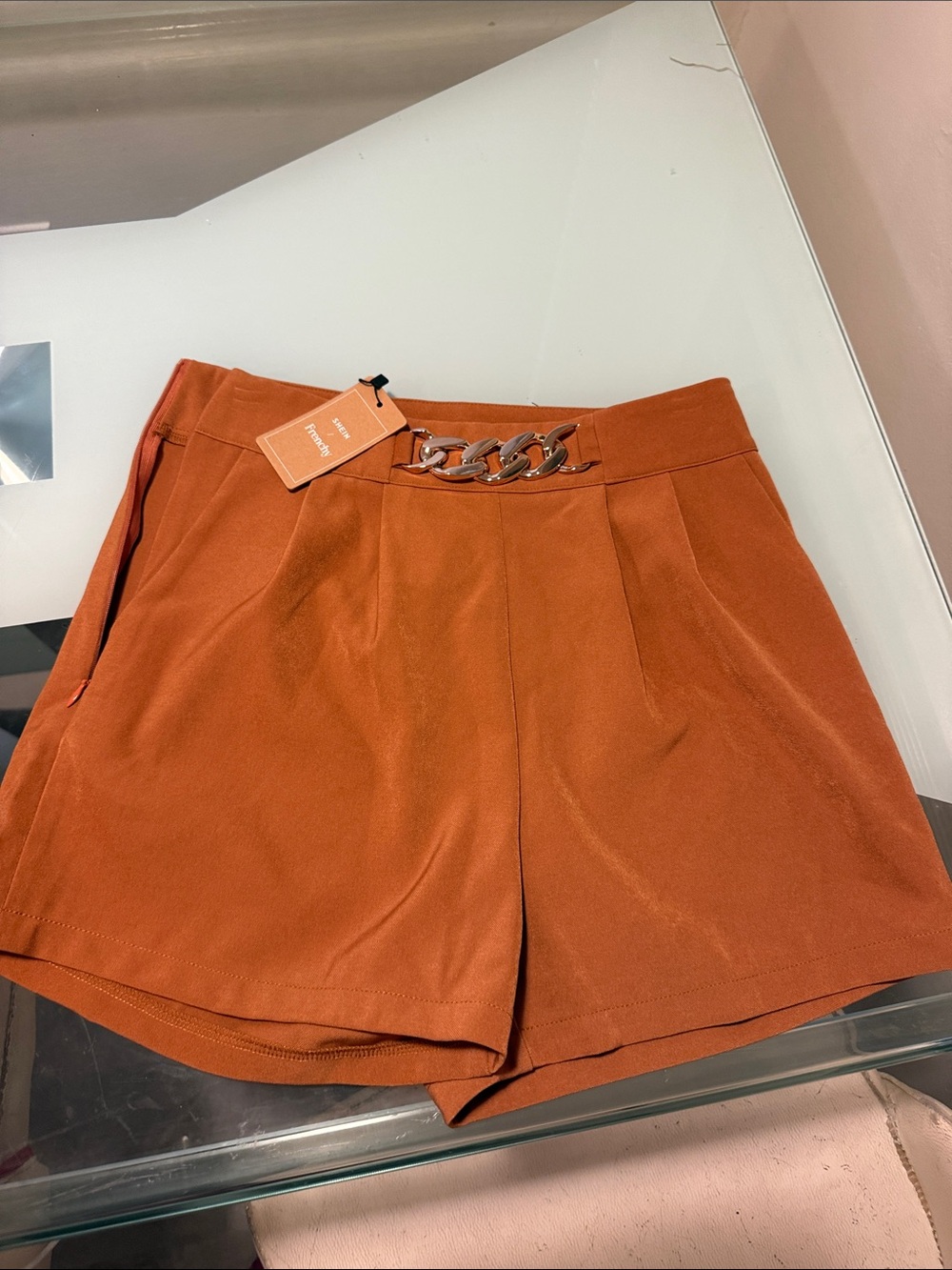SHEIN High-Waist Rust Orange Chain-Trim Shorts